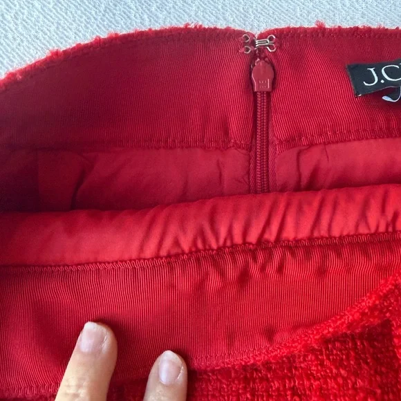 J.Crew Red Tweed Mini Skirt Gold Button Pockets Fringe Trim Classic Parisian - Picture 8 of 15